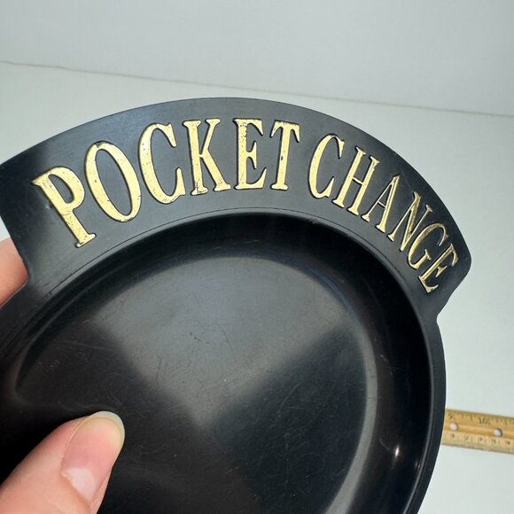Vintage Black Plastic Round Pocket Change Collect Dish Trinket Gold Accent READ - Picture 9 of 11